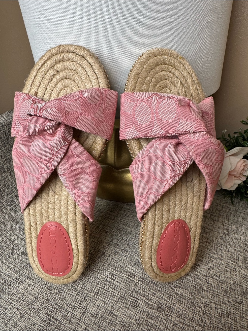Coach Pink Signature Bow Espadrille Slides